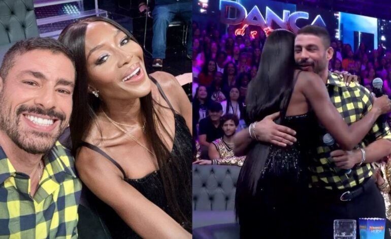 Naomi Campbell se emociona ao reencontrar Cauã Reymond no “Domingão com Huck