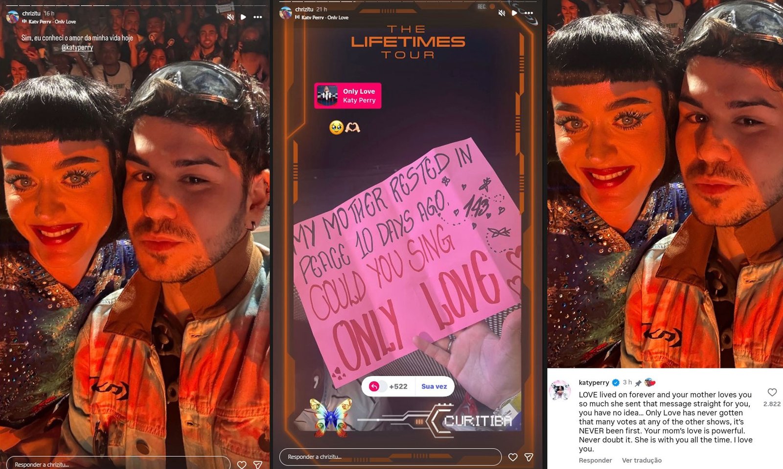 Katy perry chama fã que perdeu mãe para subir ao palco canta