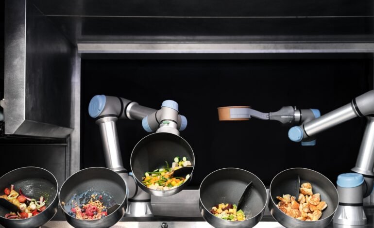 Um robô cozinheiro que prepara comida, lava pratos