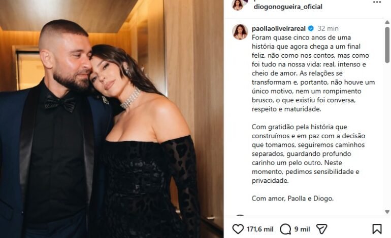Paolla Oliveira e Diogo Nogueira anunciaram o fim