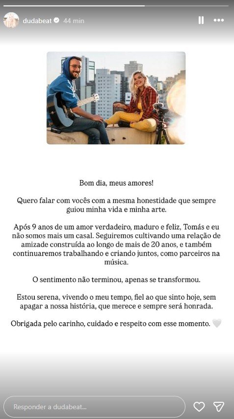 A cantora Duda Beat anunciou nesta sexta-feira (16)