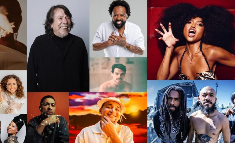 Painel com fotos de artistas indicados à premiação agendada