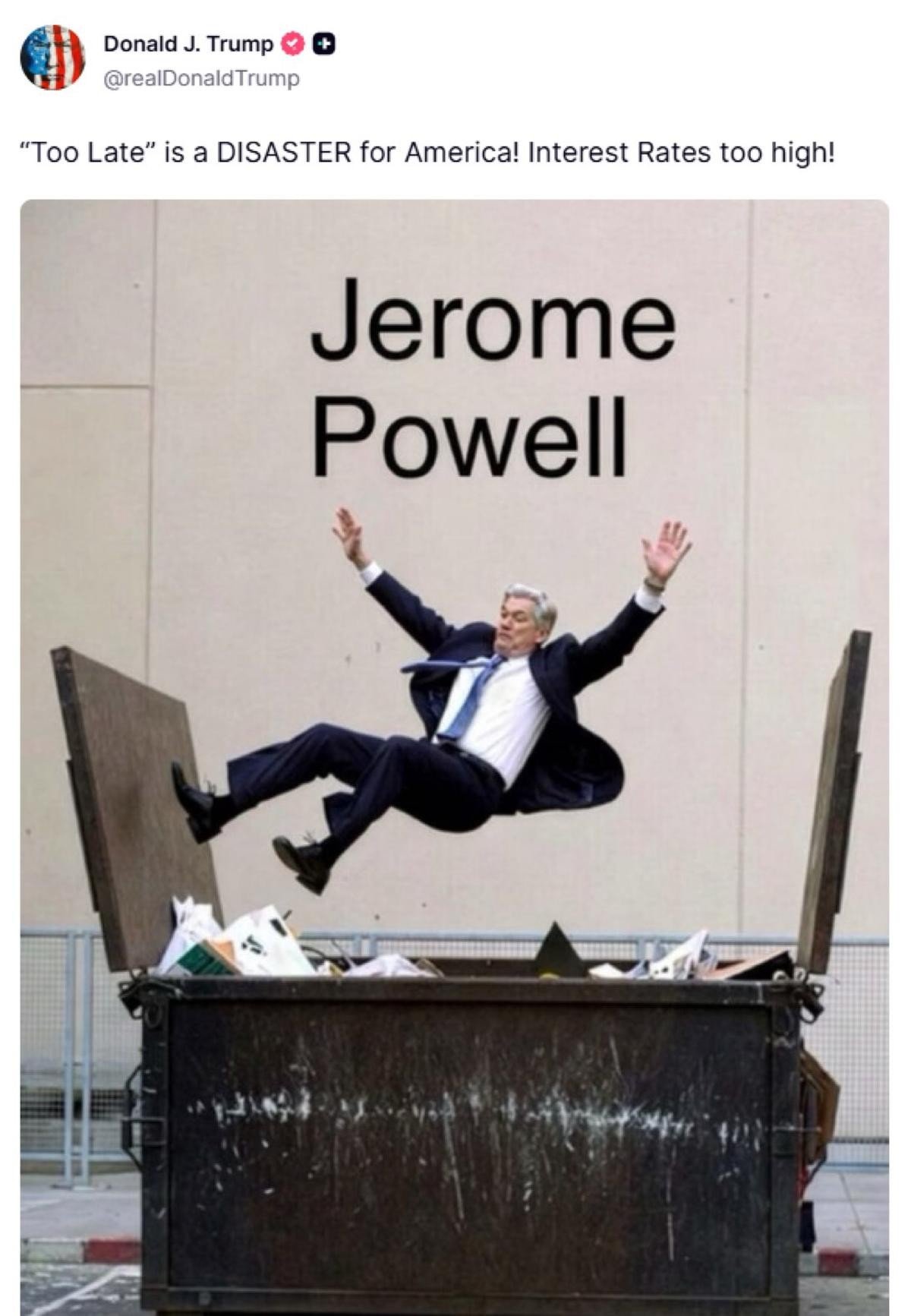 Trump publica imagem de jerome powell sendo jogado no lixo c