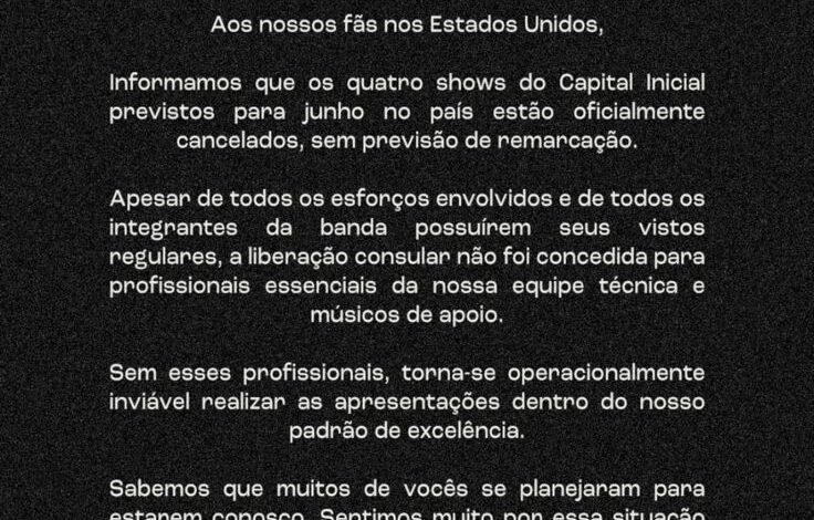 A banda Capital Inicial cancelou nesta terça-feira (24)