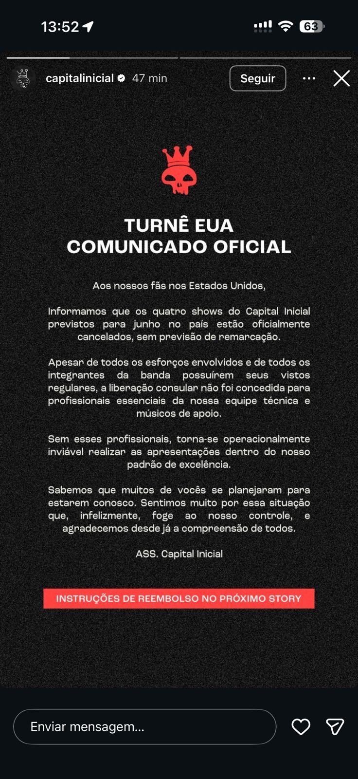 A banda Capital Inicial cancelou nesta terça-feira (24)