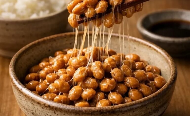 Fios pegajosos de natto, prato japonês feito de