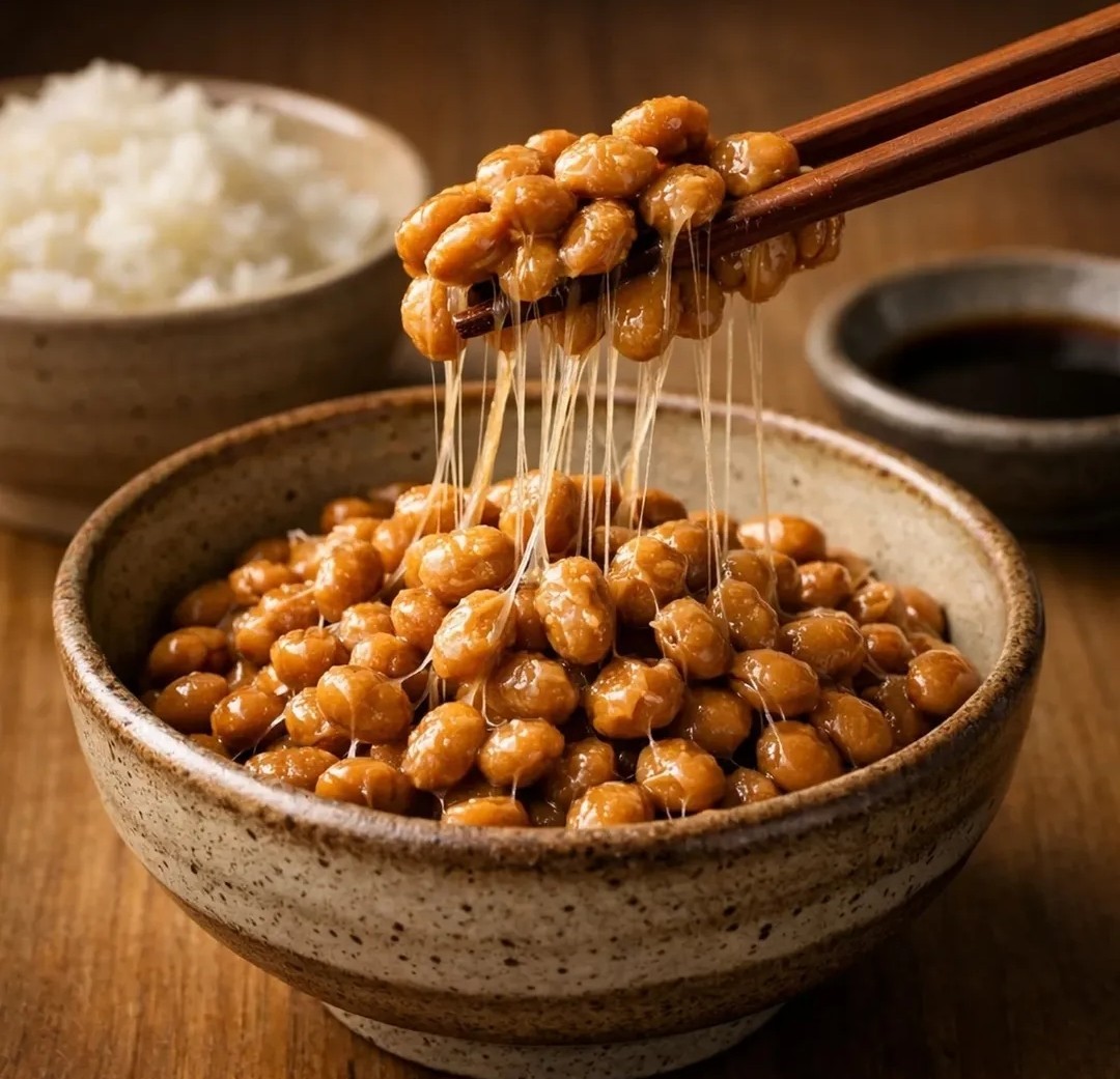 Fios pegajosos de natto, prato japonês feito de